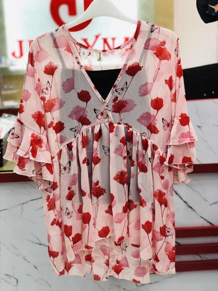 Floral V Neck Round Top With Black Inner (Red)