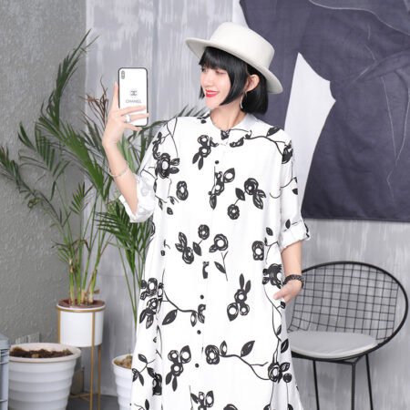 New Flower Printed Long Length Shirt With Pocket (White)