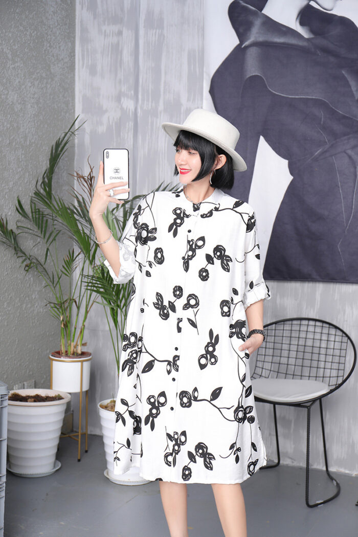New Flower Printed Long Length Shirt With Pocket (White)
