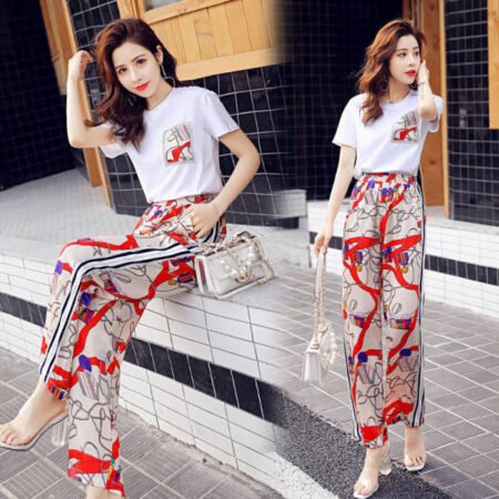 Wide Leg Cropped Pants Suit...2pcs Set(Trouser+T-shirt) (White)