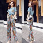 Wide Leg Cropped Pants Suit...2pcs Set(Trouser+T-shirt) (Blue)