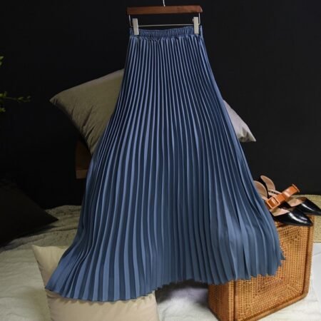 Korean Style Solid Color High Waist (elastic) Chiffon Pleated Skirt (Grey Blue)