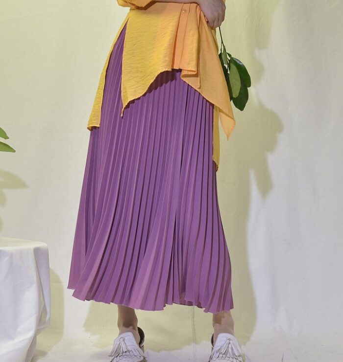 Korean Style Solid Color High Waist (elastic) Chiffon Pleated Skirt (Sauce Purple)