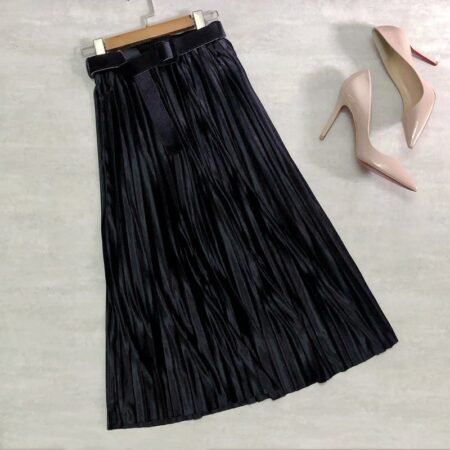 Velvet Mid Length Pleated Skirt with Belt (Black )