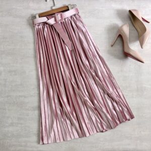 Velvet Mid Length Pleated Skirt with Belt (Pink)