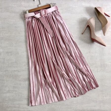 Velvet Mid Length Pleated Skirt with Belt (Pink)