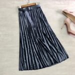 Velvet Mid Length Pleated Skirt with Belt (Ash Blue)