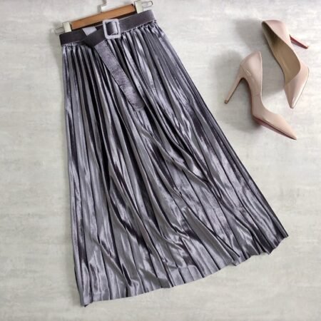 Velvet Mid Length Pleated Skirt with Belt (Ash)