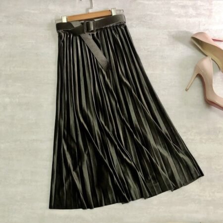 Velvet Mid Length Pleated Skirt with Belt (Ocean Green)
