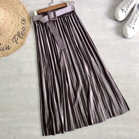 Velvet Mid Length Pleated Skirt with Belt (Mauve)