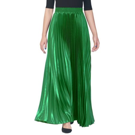 Metallic Pleated Long Skirt (Grass Green)