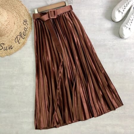Velvet Mid Length Pleated Skirt with Belt (Brown)