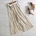 Velvet Mid Length Pleated Skirt with Belt (Apricot)