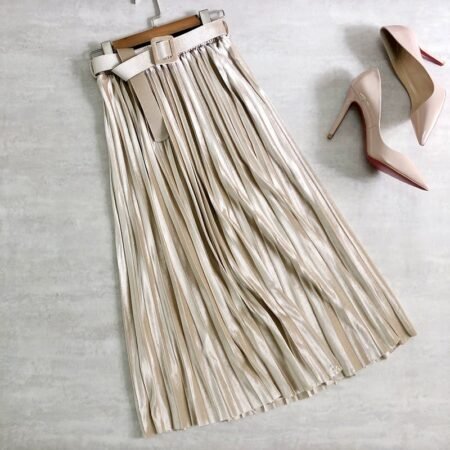 Velvet Mid Length Pleated Skirt with Belt (Apricot)