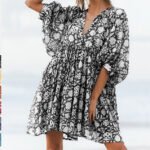 Floral Printed Loose Pattern Mid Length Top (Black)