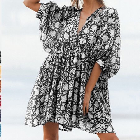 Floral Printed Loose Pattern Mid Length Top (Black)