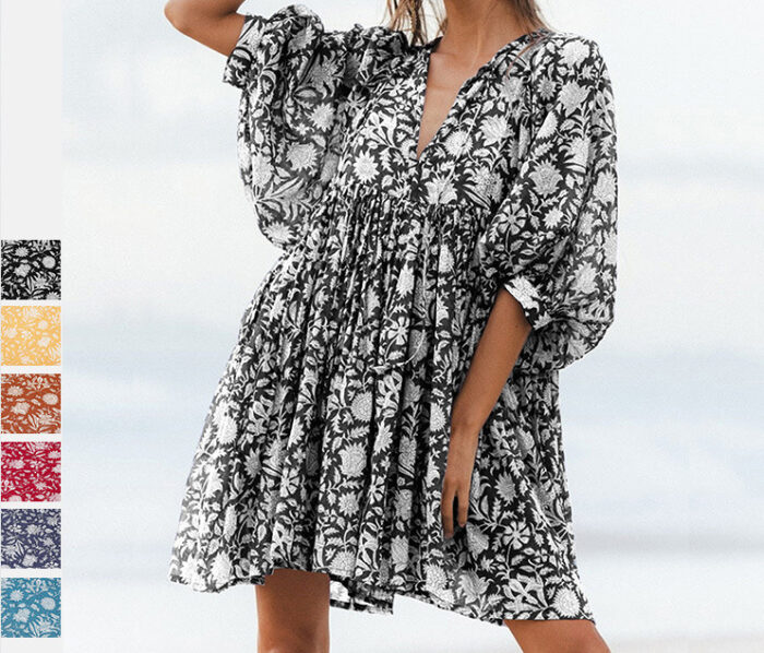 Floral Printed Loose Pattern Mid Length Top (Black)