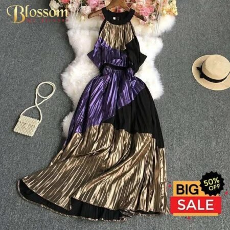 Shoulder Round Neck Sleeveless Dress (Purple)