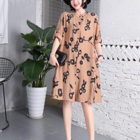 New Flower Printed Long Length Shirt With Pocket (Brown)