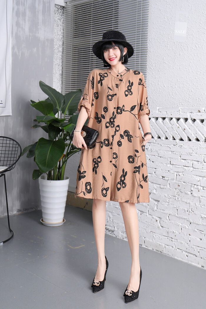 New Flower Printed Long Length Shirt With Pocket (Brown)