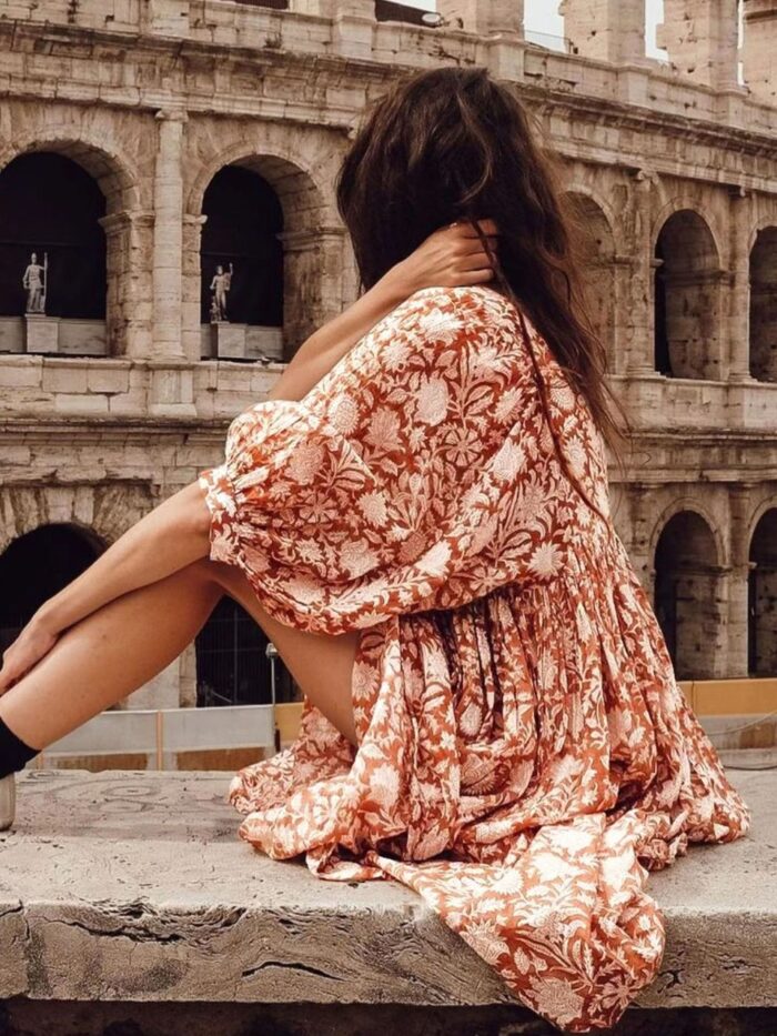 Floral Printed Loose Pattern Mid Length Top (Brown)