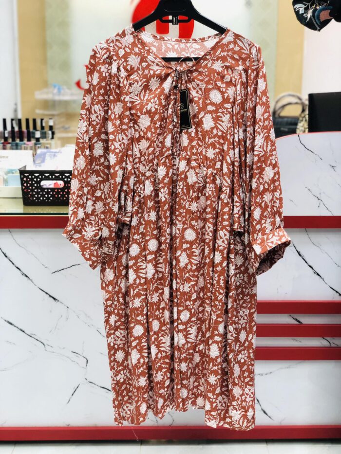 Floral Printed Loose Pattern Mid Length Top (Brown) - Image 2