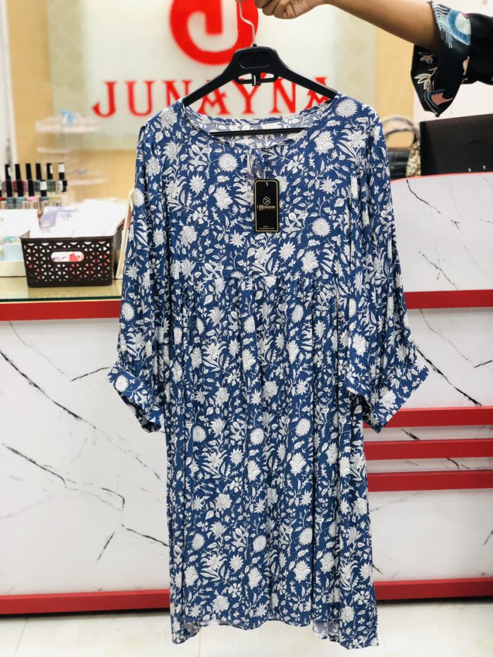 Floral Printed Loose Pattern Mid Length Top (Navy Blue) - Image 2