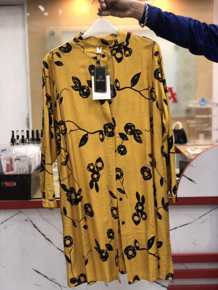 New Flower Printed Long Length Shirt With Pocket (Yellow) - Image 2
