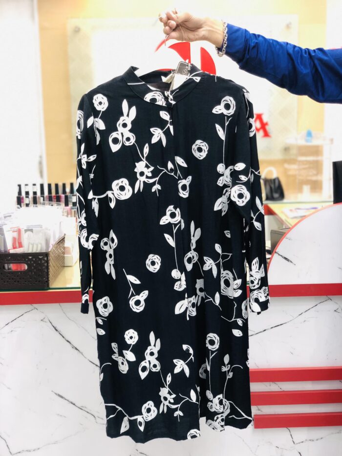 New Flower Printed Long Length Shirt With Pocket (Black ) - Image 2