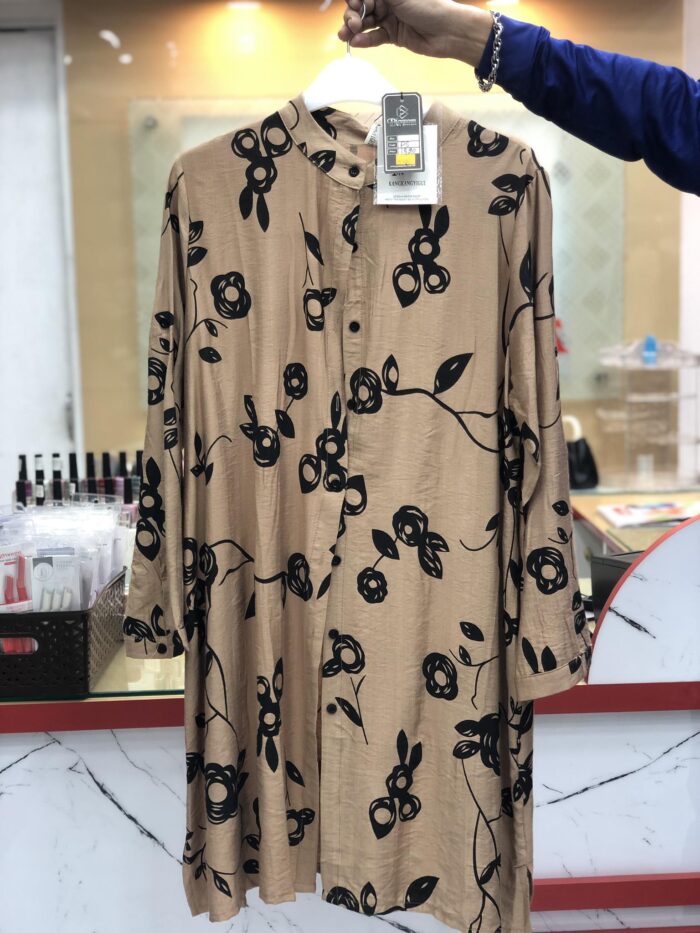 New Flower Printed Long Length Shirt With Pocket (Brown) - Image 2