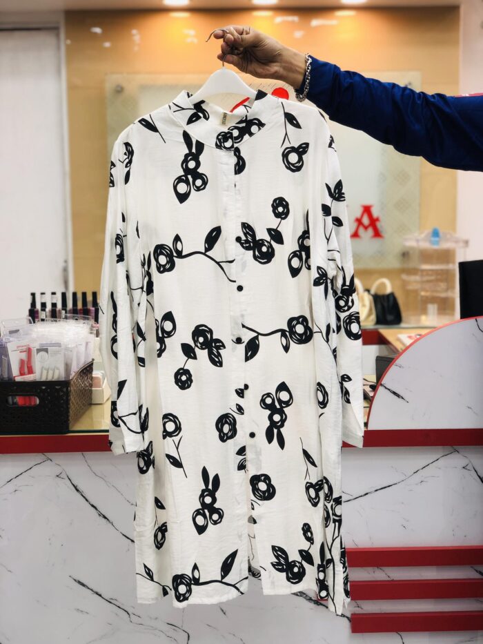 New Flower Printed Long Length Shirt With Pocket (White) - Image 2