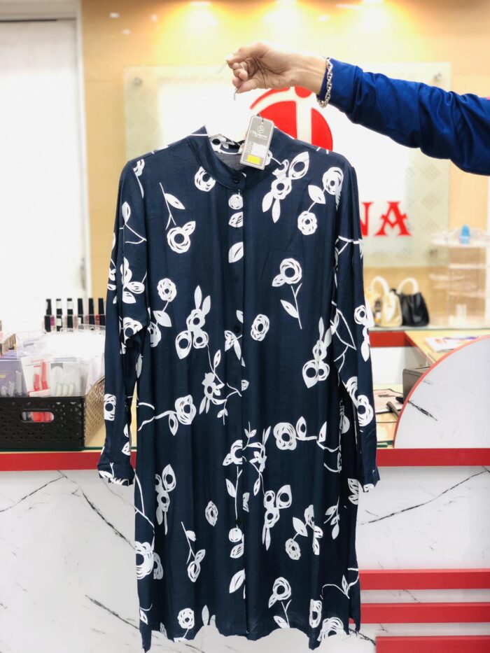 New Flower Printed Long Length Shirt With Pocket (Navy Blue) - Image 2