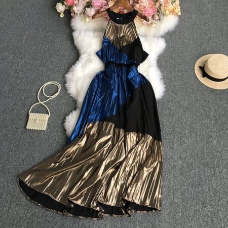 Shoulder Round Neck Sleeveless Dress (Blue)