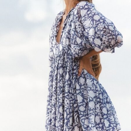 Floral Printed Loose Pattern Mid Length Top (Navy Blue)