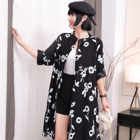 New Flower Printed Long Length Shirt With Pocket (Black )