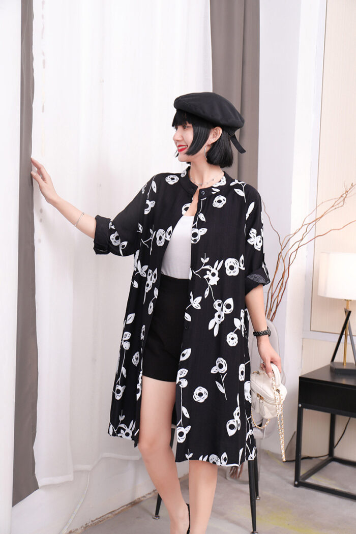 New Flower Printed Long Length Shirt With Pocket (Black )