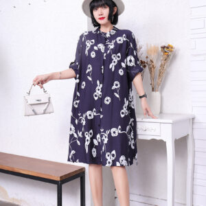 New Flower Printed Long Length Shirt With Pocket (Navy Blue)