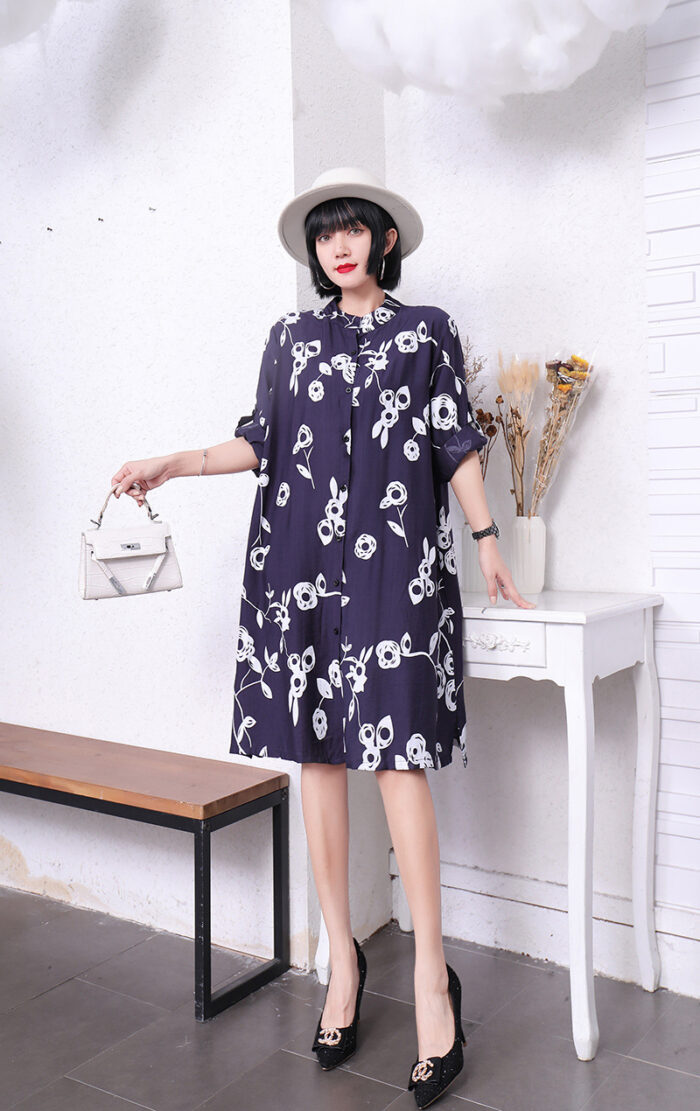 New Flower Printed Long Length Shirt With Pocket (Navy Blue)