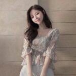 Floral Trumpet Sleeve Western Style Crop Top ( Ocean Blue)