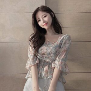 Floral Trumpet Sleeve Western Style Crop Top ( Ocean Blue)