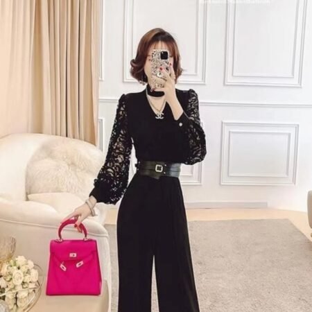 1 Colour Jumpsuit With Chicken Kari Sleeve & Belt (Black)