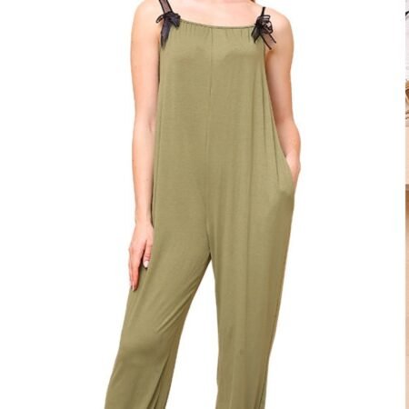 1 Colour Sleeve Less Long Jumpsuit ( Olive )