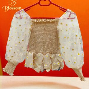 Daisy Print Long Sleeved Crop Top (Apricot)