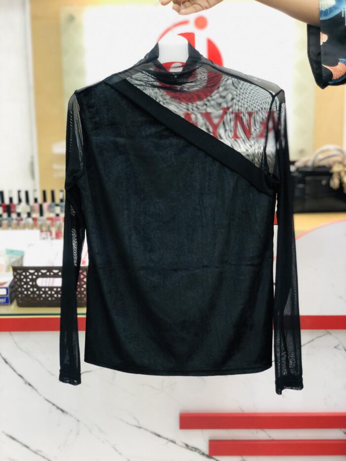 Velvet Half-high Collar Mesh Long-Sleeved Splicing Temperament Slim-Fit Bottoming T-shirt - Black - Image 2