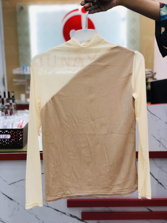 Velvet Half-high Collar Mesh Long-Sleeved Splicing Temperament Slim-Fit Bottoming T-shirt - Apricot - Image 2