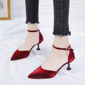 New Korean Style Pointed Straight Buckle Stiletto High Heels (5inches) Women's Shoes (Red Wine)