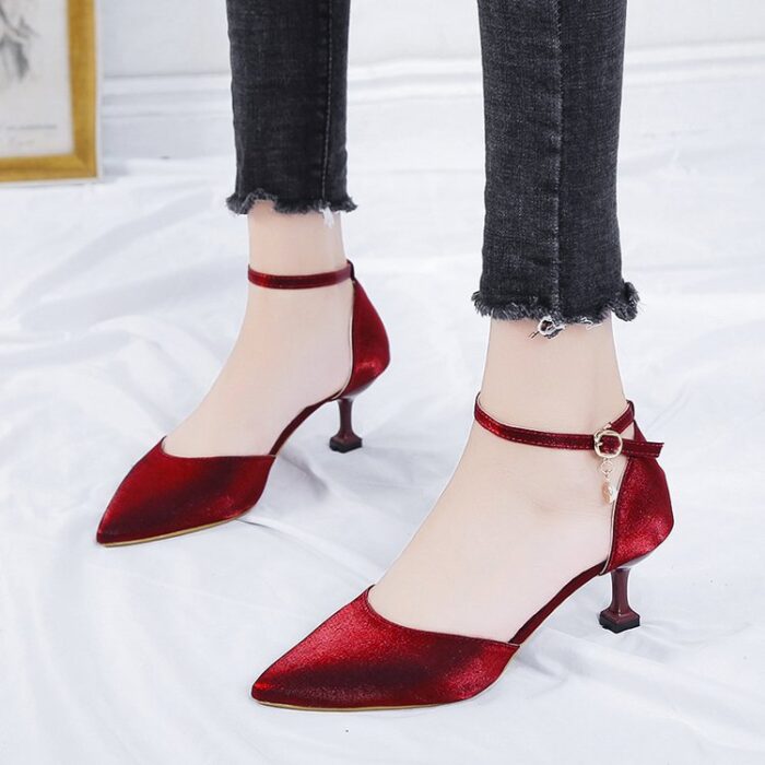 New Korean Style Pointed Straight Buckle Stiletto High Heels (5inches) Women's Shoes (Red Wine)
