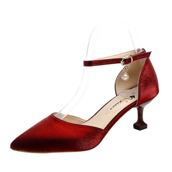 New Korean Style Pointed Straight Buckle Stiletto High Heels (5inches) Women's Shoes (Red Wine) - Image 2