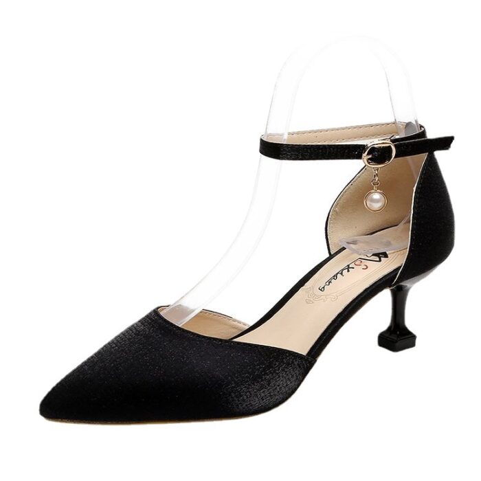 New Korean Style Pointed Straight Buckle Stiletto High Heels (5inches) Women's Shoes (Black) - Image 3