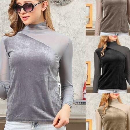 Velvet Half-high Collar Mesh Long-Sleeved Splicing Temperament Slim-Fit Bottoming T-shirt - Ash